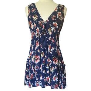 Windsor Navy Blue Floral Sleeveless Tunic Dress with Tassel V-Neck